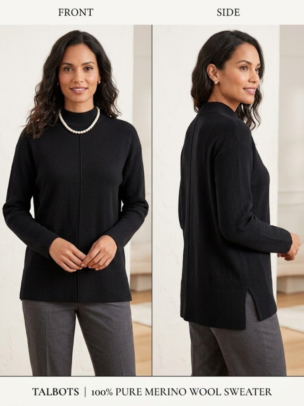 Talbots Black 100% Merino Wool Ribbed 3/4 Sleeves Women's Sweater - Size Large